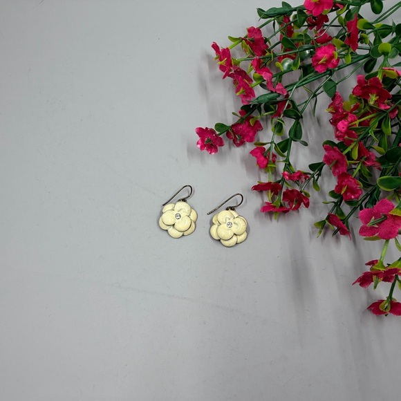 Cream Enamel Floral Drop Earrings in Cream - Designer Style with Crystal Accents - Picture 2 of 5
